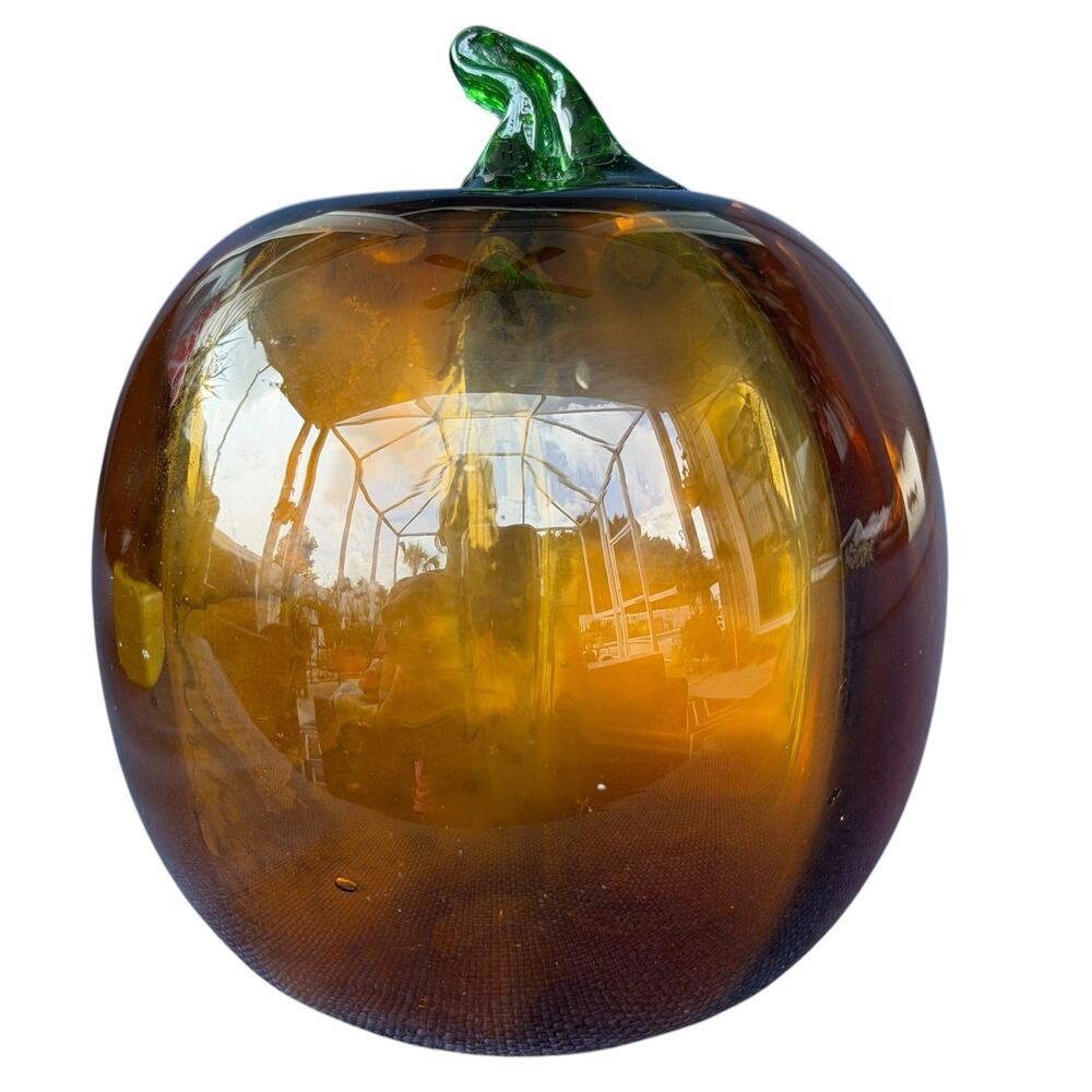 Blenko Art Glass Pumpkin Vintage Blown Optic Glass w/ Green Stem Amber FLAW